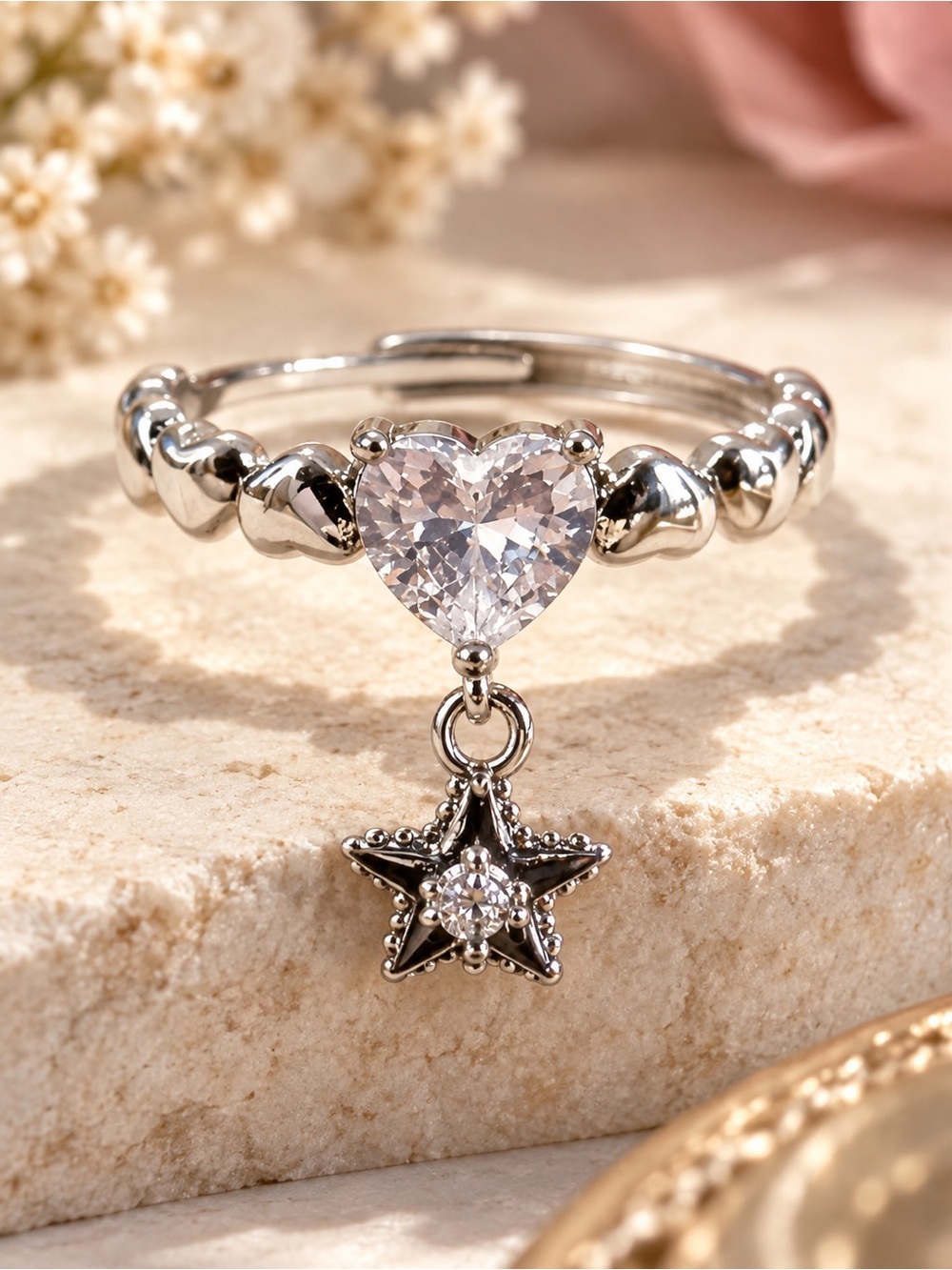 Silver Heart Crystal Star Charm Adjustable Ring Celestial Dainty Jewelry